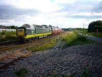 Deltic 9009 enroute to York National Railway Museum  on Tuesday 10 September 2013 with D1062 Western and D821 warship in tow.  Photo R S Greenwood
